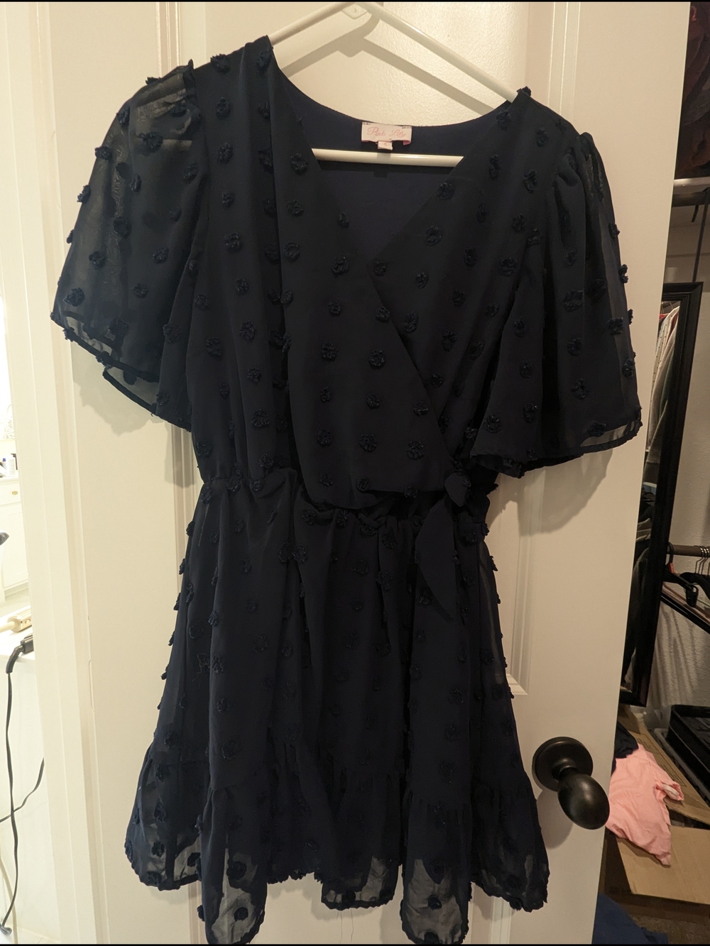 Pink Lily Navy Textured Dot Wrap Mini Dress